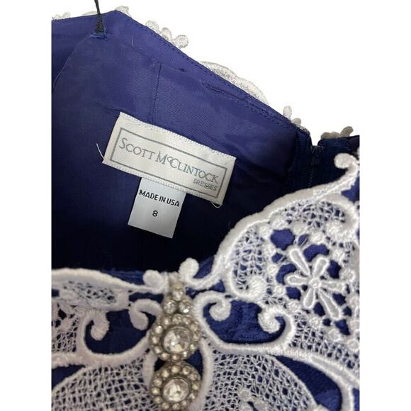 80s Scott McClintock Blue Jacquard Off Shoulder Wide Lace Wiggle Dress Size 8 - Picture 4 of 4